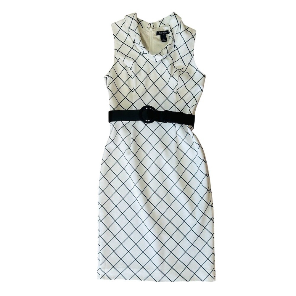 White House Black Market Dress Womens Size 6 Ivory Windowpane Sheath - Picture 6 of 6